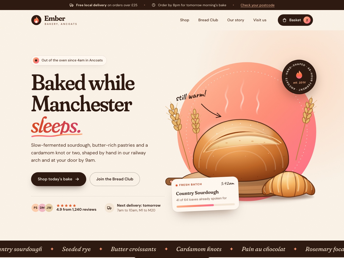 Ember Bakery website, desktop