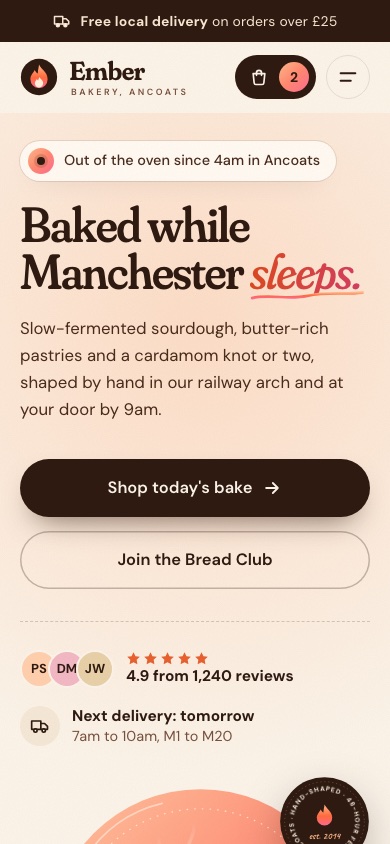 Ember Bakery concept site on a phone