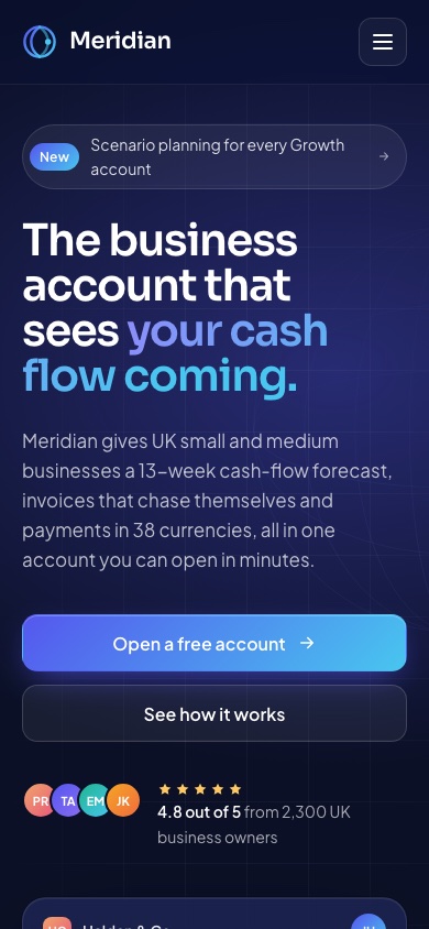 Meridian Finance concept site on a phone