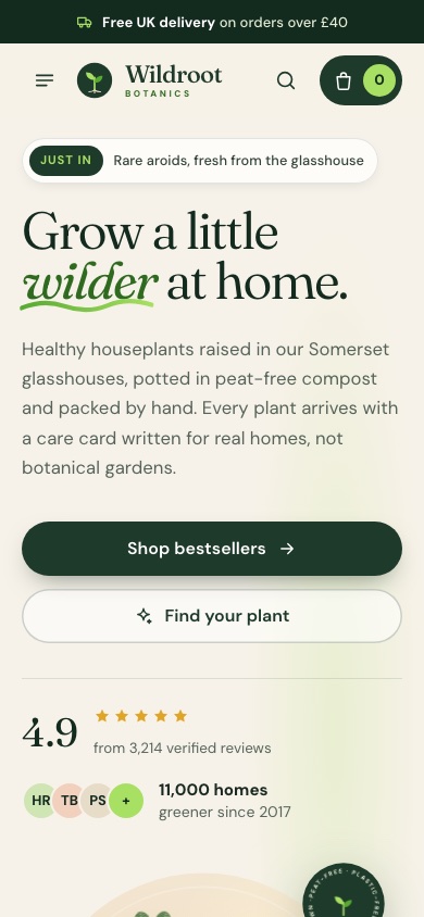 Wildroot Botanics concept site on a phone